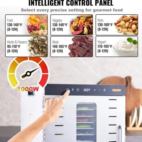 Dehydratorer>10 bakker mad dehydrator i rustfrit stål, 1000W til jerky og frugt tørring. Effektiv og holdbar!