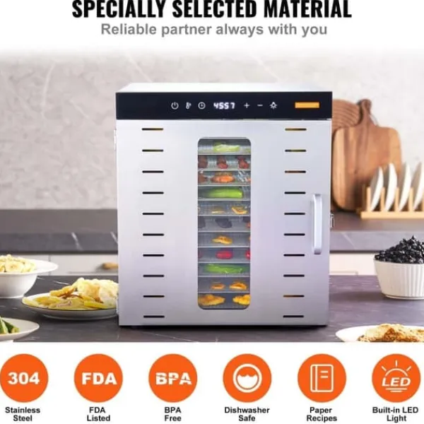 Dehydratorer>10 bakker mad dehydrator i rustfrit stål, 1000W til jerky og frugt tørring. Effektiv og holdbar!