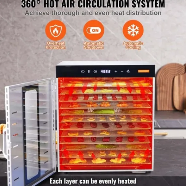 Dehydratorer>10 bakker mad dehydrator i rustfrit stål, 1000W til jerky og frugt tørring. Effektiv og holdbar!
