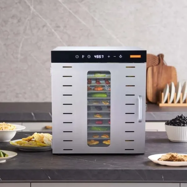Dehydratorer>10 bakker mad dehydrator i rustfrit stål, 1000W til jerky og frugt tørring. Effektiv og holdbar!