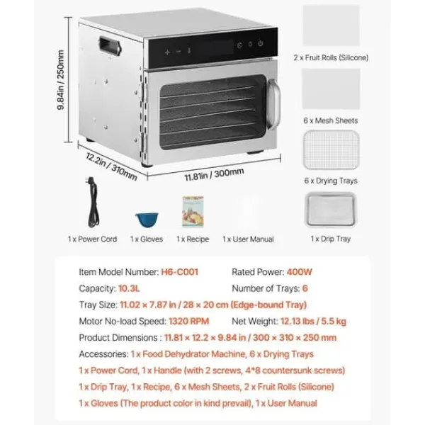 Dehydratorer>6 Bakker Mad Dehydrator Maskine, Rustfrit Stål 400W, Jerky Frugt Tørring Egenskaber
