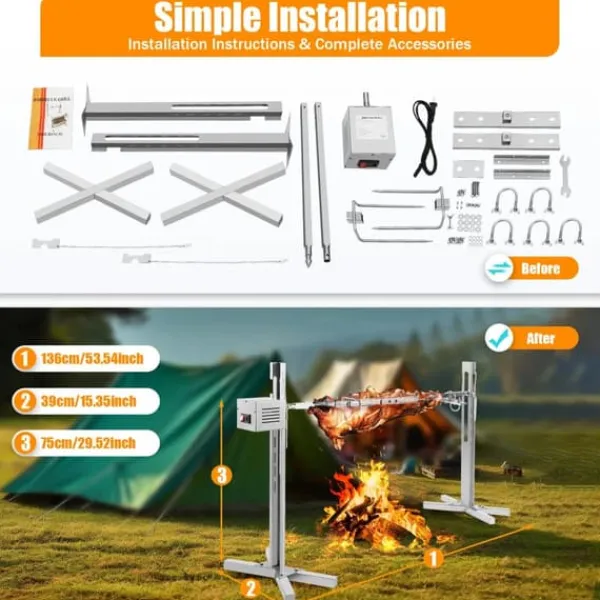 53" elektrisk BBQ-rotisseri-sæt, universal stegestativ, 88 lb (40 kg), automatisk 25 W drejemotor, højdejusterbar, blå Best