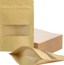 Madopbevaringsposer>100 genlukkelige poser 10x15cm, kraftpapir ståposer med vindue, lynlås til opbevaring af fødevarer og emballage