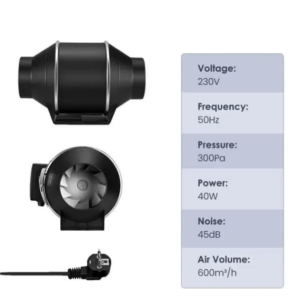 150 mm Inline Ventilator, 600 m³/t Luftvolumen, 40W Effekt, IP44 Vandtæt,220V EU stik Clearance