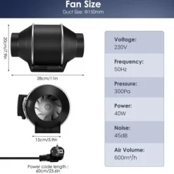 150 mm Inline Ventilator, 600 m³/t Luftvolumen, 40W Effekt, IP44 Vandtæt,220V EU stik Clearance