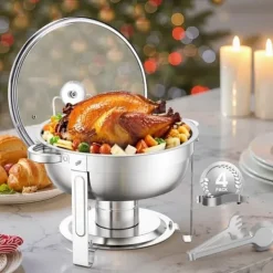 Madopvarmere>5 Qt Rundt Chafing Fad 4 Pak, Buffet Sæt Fuldstørrelse, Rustfrit Stål Pan