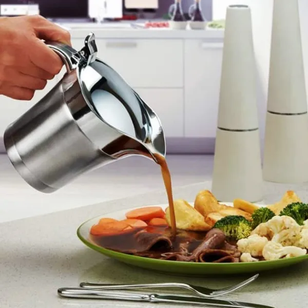Saucekander>304 rustfrit stål dobbeltlags isolering smagssaucekande sovsbåd serveringskande køkkenredskaber 450ml