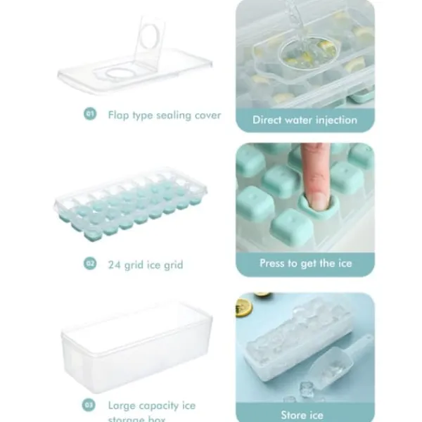 Isforme>24 rutnät iskubbricka med lock täckta iskubbrickor Inget spill Ice Cube Box Silikon Ice Cube Maker bricka