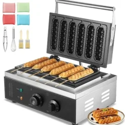 6 STK Kommerciel Vaffelstængemaskine, Hotdog Vaffeljern 1500W, Nem brug, Hurtig opvarmning, Perfekte vafler hver gang. Outlet