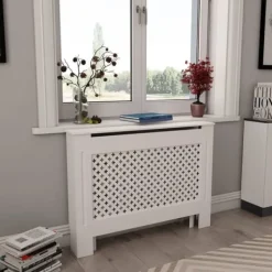 2 stk. radiatorskjulere med hylde i MDF - Stilfuld lameldesign | Størrelse: 112x19x81,5 cm | Farve: Hvid New