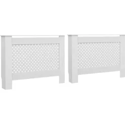2 stk. radiatorskjulere med hylde i MDF - Stilfuld lameldesign | Størrelse: 112x19x81,5 cm | Farve: Hvid New