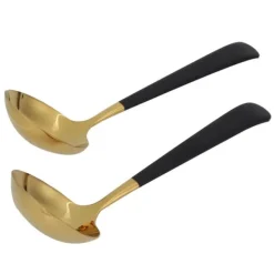 2 stk. rustfrit stål suppeske med hulske, skimmer, bestik, servicesæt, køkkenredskaber, sort guld