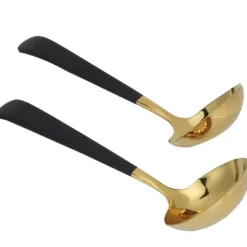 2 stk. rustfrit stål suppeske med hulske, skimmer, bestik, servicesæt, køkkenredskaber, sort guld