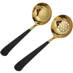 2 stk. rustfrit stål suppeske med hulske, skimmer, bestik, servicesæt, køkkenredskaber, sort guld