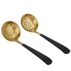 2 stk. rustfrit stål suppeske med hulske, skimmer, bestik, servicesæt, køkkenredskaber, sort guld