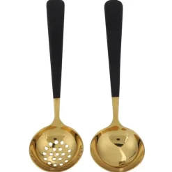 2 stk. rustfrit stål suppeske med hulske, skimmer, bestik, servicesæt, køkkenredskaber, sort guld