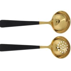 2 stk. rustfrit stål suppeske med hulske, skimmer, bestik, servicesæt, køkkenredskaber, sort guld