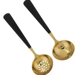 2 stk. rustfrit stål suppeske med hulske, skimmer, bestik, servicesæt, køkkenredskaber, sort guld