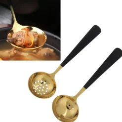 2 stk. rustfrit stål suppeske med hulske, skimmer, bestik, servicesæt, køkkenredskaber, sort guld