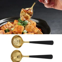 2 stk. rustfrit stål suppeske med hulske, skimmer, bestik, servicesæt, køkkenredskaber, sort guld