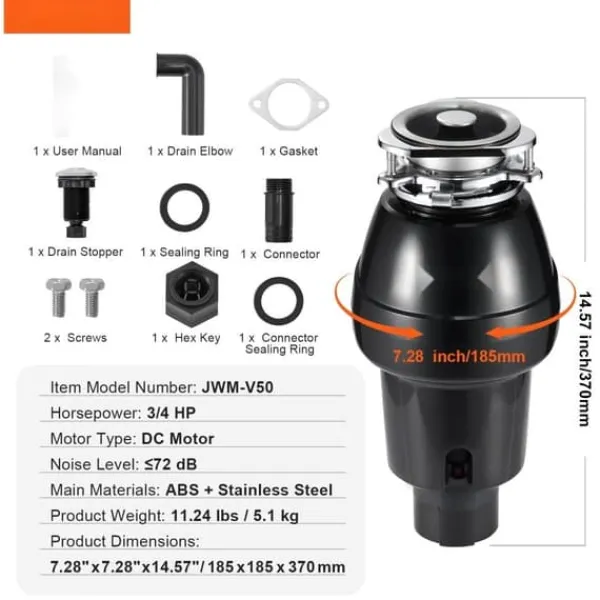 Affaldskværne>Affaldsbortskaffelse 3/4 HK, kontinuerlig madaffaldshåndtering, 3600 RPM, 3-bolts installation, effektiv og holdbar.