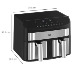 Airfryer 8 L med dobbeltkammer, 2400 W, 10 programmer, touchscreen, opskrifter, sort
