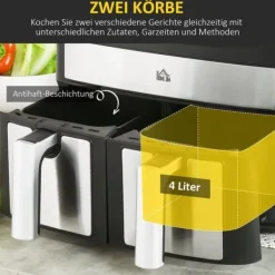 Airfryer 8 L med dobbeltkammer, 2400 W, 10 programmer, touchscreen, opskrifter, sort