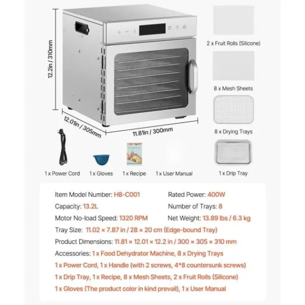 Dehydratorer>8-bakke Mad Dehydrator, Rustfrit Stål 400W, Jerky og Frugt Tørringsmaskine
