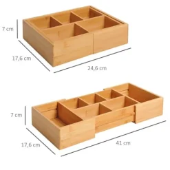 Bambus skuffeorganisator med udtrækkelige rum, natur, 24,6x17,6x7 cm