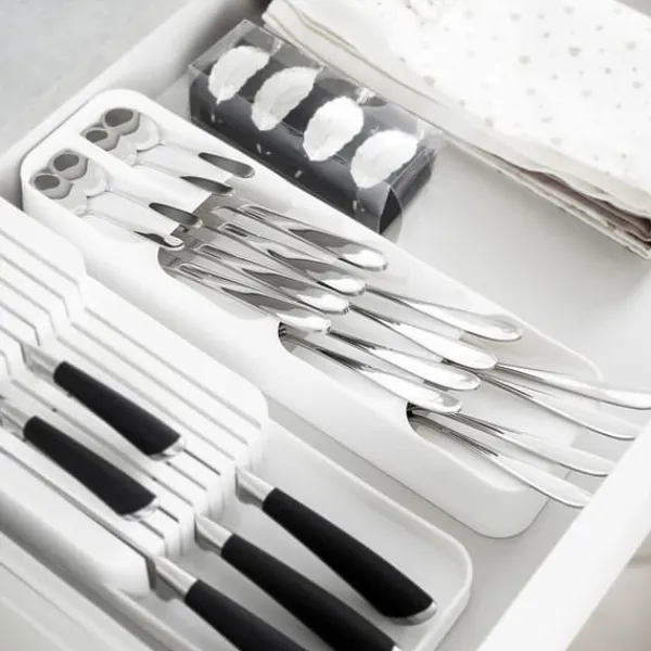 Opbevaringssystem Til Køkkenskuffer>Bestikskuffeindsats til skeer, knive, gafler og teskeer Køkkenorganisator