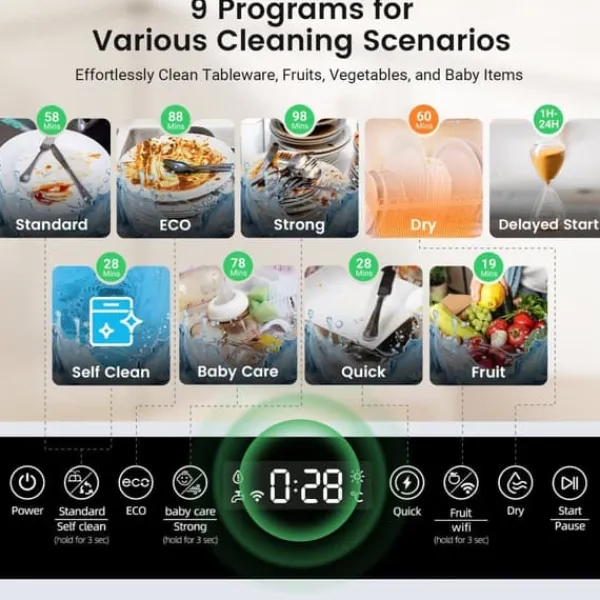 Opvaskemaskiner>BH-6-CDW1 Bærbar bordopvaskemaskine med app-styring, 5,2 l tank, 9 programmer, PTC varmlufttørring, 3D 360° sprøjte, EU-stik