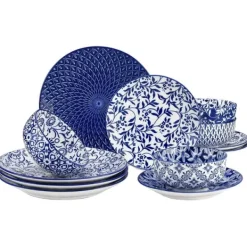 Tallerkener & Bordservicer>Blå og Hvid Porcelæn Tallerken Sæt, Blomsterdesign, FDA Certificeret,24 stk. sæt, Blå og Hvid