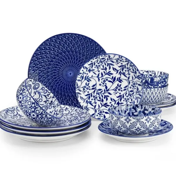 Tallerkener & Bordservicer>Blå og Hvid Porcelæn Tallerken Sæt, Blomsterdesign, FDA Certificeret,24 stk. sæt, Blå og Hvid