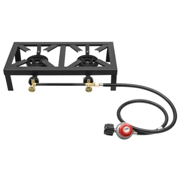 Portable Komfurer>Bærbar gasblus - Dobbeltbrænder - 2×8000 W - Trykregulator 0–10 PSI - Slange 1,2 m - Støbejern - Uden tænding - Sort