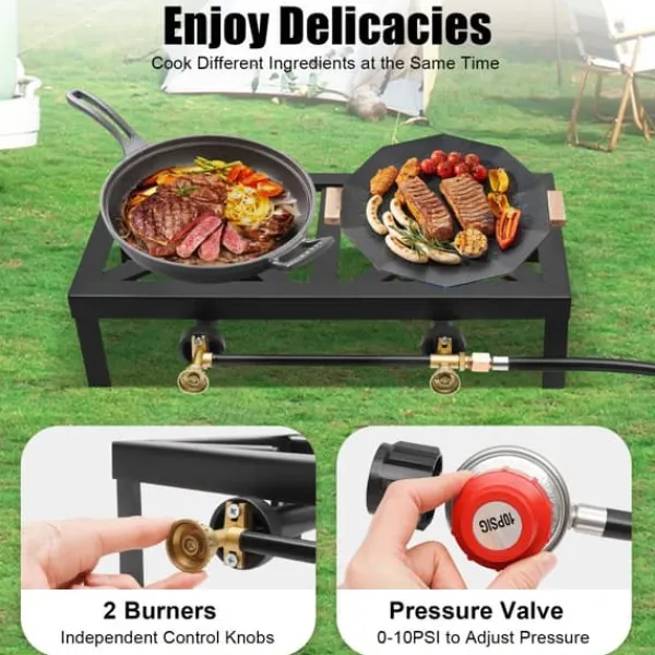Portable Komfurer>Bærbar gasblus - Dobbeltbrænder - 2×8000 W - Trykregulator 0–10 PSI - Slange 1,2 m - Støbejern - Uden tænding - Sort
