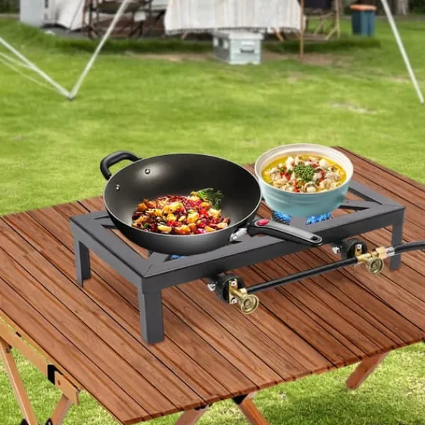 Portable Komfurer>Bærbar gasblus - Dobbeltbrænder - 2×8000 W - Trykregulator 0–10 PSI - Slange 1,2 m - Støbejern - Uden tænding - Sort
