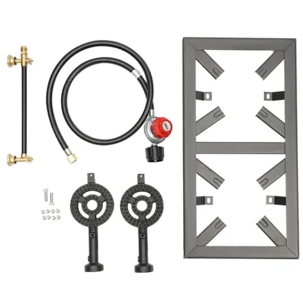 Portable Komfurer>Bærbar gasblus - Dobbeltbrænder - 2×8000 W - Trykregulator 0–10 PSI - Slange 1,2 m - Støbejern - Uden tænding - Sort