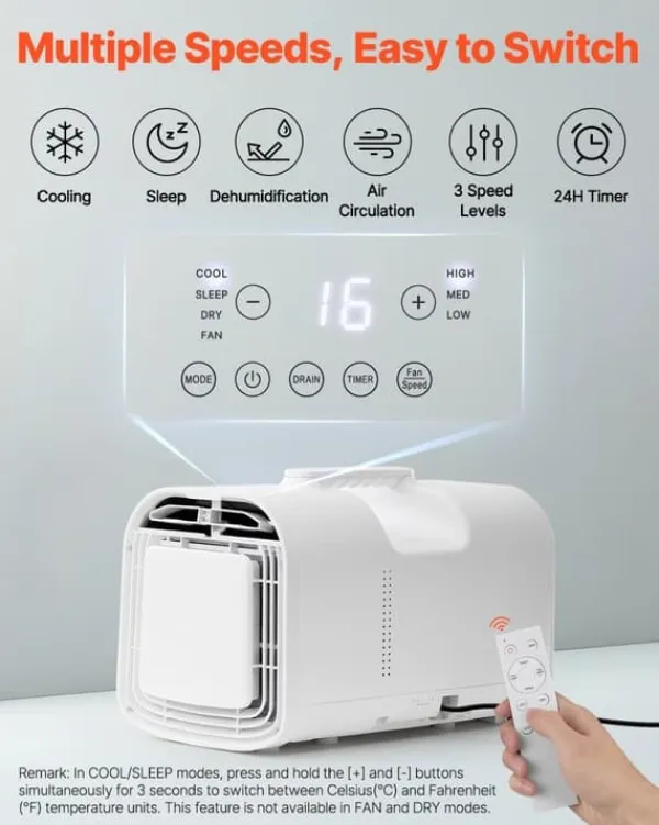 Bærbart klimaanlæg - Mobil aircondition - Køleeffekt 4250 BTU - 3 Hastigheder - Tidsur 24 timer - Fjernbetjening - Temperatur 16–32 °C - Hvid Discount
