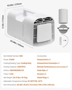 Bærbart klimaanlæg - Mobil aircondition - Køleeffekt 4250 BTU - 3 Hastigheder - Tidsur 24 timer - Fjernbetjening - Temperatur 16–32 °C - Hvid Discount