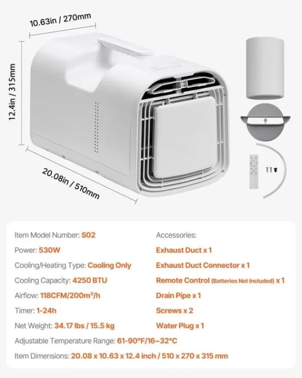 Bærbart klimaanlæg - Mobil aircondition - Køleeffekt 4250 BTU - 3 Hastigheder - Tidsur 24 timer - Fjernbetjening - Temperatur 16–32 °C - Hvid Discount