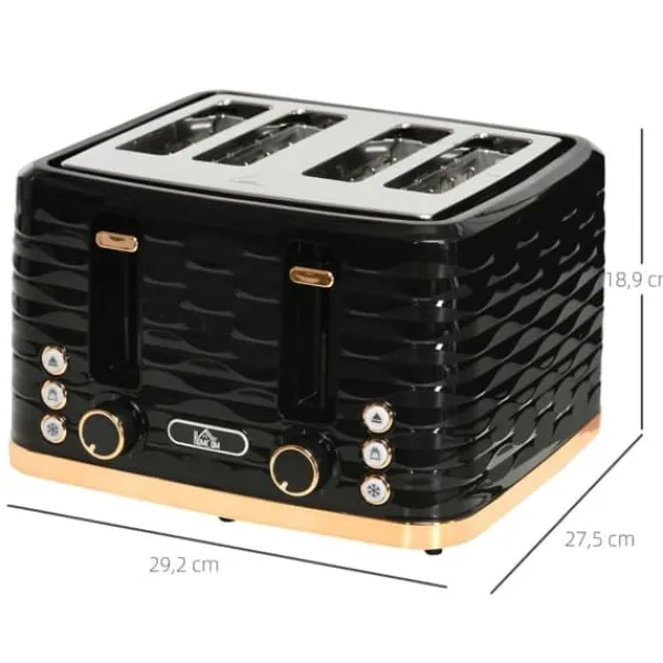 Brødristere, Raclettegrills Og Sandwichtoastere>Brødrister med 4 skiver, bølgeformet design, flere funktioner, krummebakke, sort