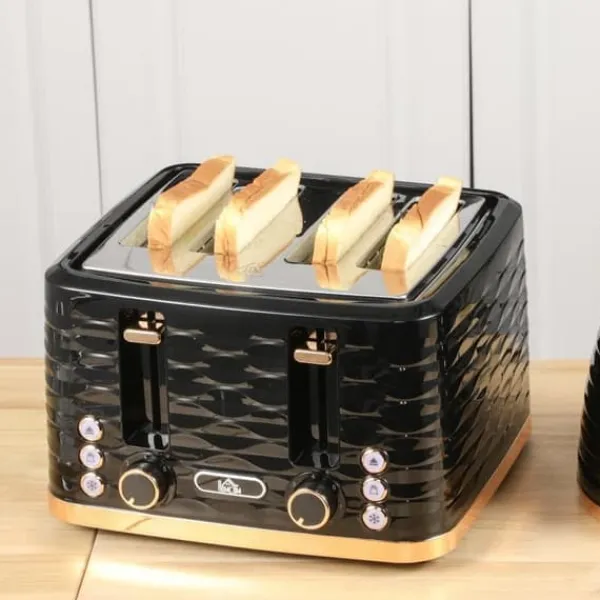 Brødristere, Raclettegrills Og Sandwichtoastere>Brødrister med 4 skiver, bølgeformet design, flere funktioner, krummebakke, sort