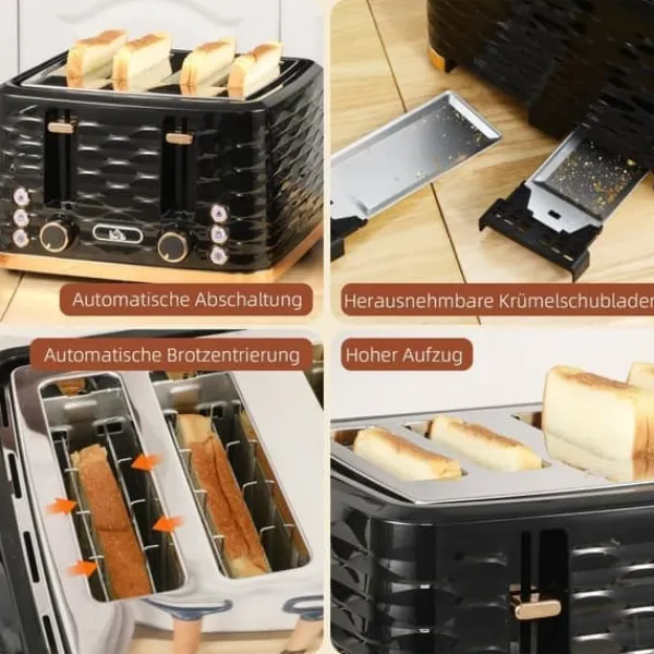 Brødristere, Raclettegrills Og Sandwichtoastere>Brødrister med 4 skiver, bølgeformet design, flere funktioner, krummebakke, sort