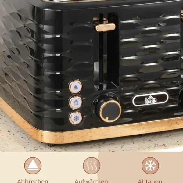 Brødristere, Raclettegrills Og Sandwichtoastere>Brødrister med 4 skiver, bølgeformet design, flere funktioner, krummebakke, sort