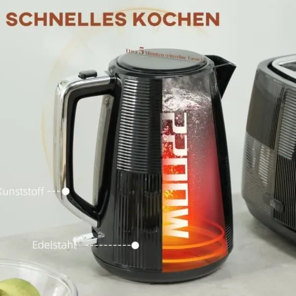 Brødristere, Raclettegrills Og Sandwichtoastere>Brødrister og kedelsæt, 1,7 l, multifunktion, rustfrit stål, sort