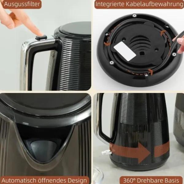 Brødristere, Raclettegrills Og Sandwichtoastere>Brødrister og kedelsæt, 1,7 l, multifunktion, rustfrit stål, sort