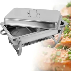 Buffetvarmer - Chafing Dish med stativ - 7,5 l - Rustfrit stål - Madbakke 27×34×6,8 cm - 55,7×34×38,3 cm - Brænderpasta - Sølv Hot