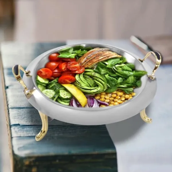 Buffetvarmer - Rund chafing dish - 3 L - Rustfrit stål med glaslåg - Bærehåndtag - Justerbar flamme - Ø 28 cm indsats, Ø 38 cm, H 23 cm - Lysegrå Discount