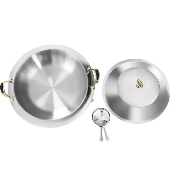 Buffetvarmer - Rund chafing dish - 3 L - Rustfrit stål med glaslåg - Bærehåndtag - Justerbar flamme - Ø 28 cm indsats, Ø 38 cm, H 23 cm - Lysegrå Discount
