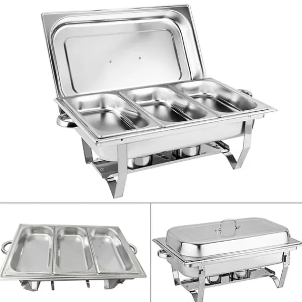 Tilbehør Til Madservering>Buffetvarmer Chafing Dish - Rektangulær Madvarmer - 3 Sektioner 3×3 L (9 L) - Rustfrit Stål - Til Catering & Buffet